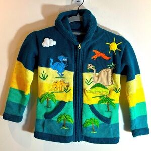 HANDMADE Sz L Colorful Dinosaur Appliqués Knit Cardigan Zipper Hooded Pockets